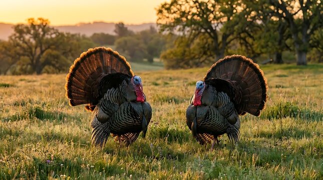 Two turkeys strutting in a grassy field at sunset