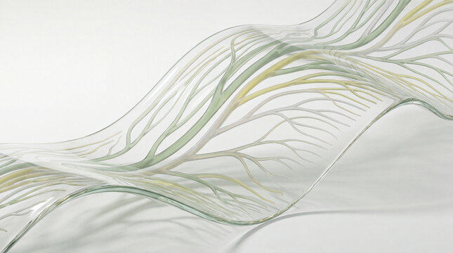 Wavy 3D glass sheet veined in green and yellow