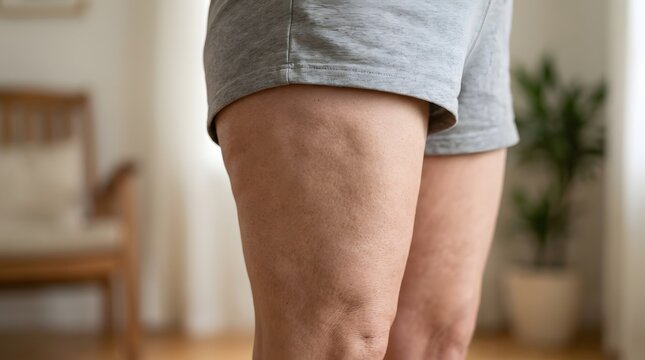 Close up of thigh skin texture showing cellulite dimples and unevenness