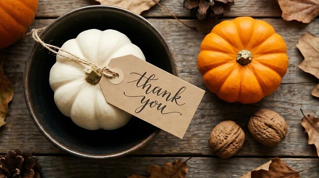 White pumpkin in bowl with thank you tag and autumn decor