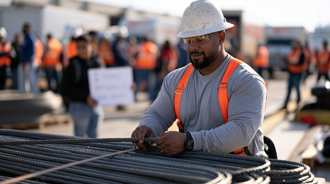 Rigging specialist on a busy urban harbor waterfront wrapping steel cable amid a background crowd of dockworkers and delivery crews, a teenager nearby holding a hand-lettered sign