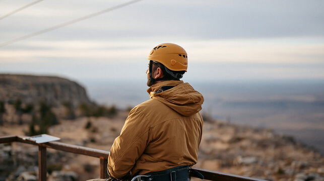 Zipline guide standing alone on a barren mountain staging platform in overcast winter conditions, a laminated dyslexia-friendly route card mounted at eye level on the platform