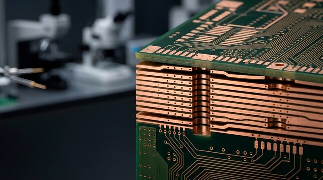 advanced multilayer printed circuit board with copper microvia structures for high density electronics, precision manufacturing, miniaturized devices, and circuit design