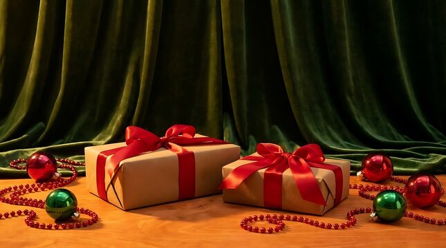 Wrapped gift boxes with Christmas ornaments and green curtain