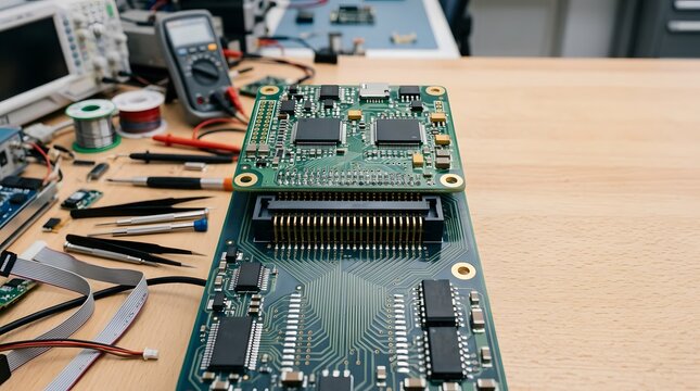 compact electronic daughterboard connected through a precision board interface for embedded computing, hardware development, circuit testing, and industrial electronics