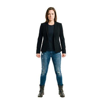 woman angry determined business transparent background isolated full body portrait stands with clenched fists for conflict resilience leadership frustration and assertive workplace communication