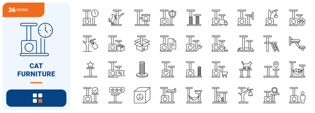Cat Tree Cat Climbing Furniture Web Icon Set in Linear Style. Collection of Feline Furniture line icons, including cat tree, scratching post, climbing tower, condo box, hammock, perch, ramp and more.
