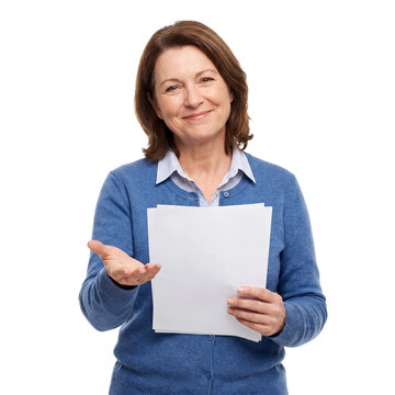 teacher woman holding papers presenting transparent background isolated friendly portrait offers blank documents with a welcoming gesture for education school information training and classroom
