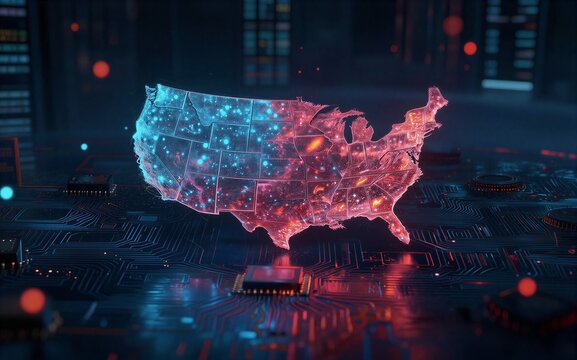 Digital USA map glowing over circuit board, tech future vision.