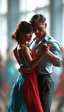 Couple Dancing Closely in Bright Studio with Blurred Class in Background