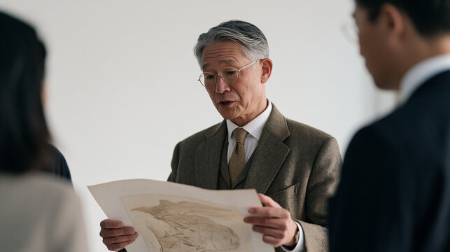 Gamekeeper in formal estate tweed stands against a sterile white backdrop presenting a hand illustrated wildlife management map to a multicultural diplomatic delegation, the