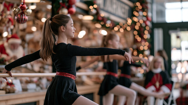Young ballet students in a vivid indoor winter market rehearsal space stretch at a makeshift barre between decorated stalls, before and after a holiday performance, a female
