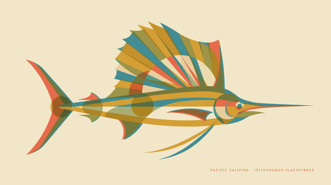 Pacific sailfish geometric vector illustration in retro style