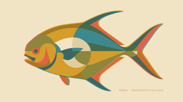 Permit fish retro vector illustration with colorful geometric design elements