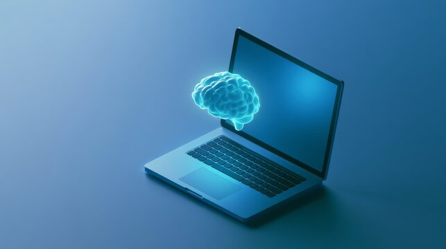 Technology and creativity blend in a digital workspace with a brain hologram above a laptop