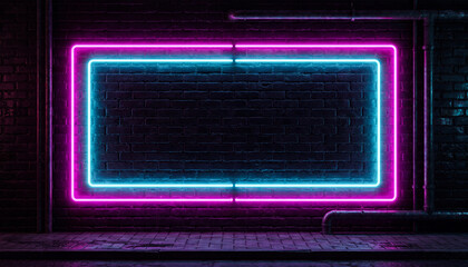 Vibrant neon rectangle sign glowing on industrial brick wall with pipes and floor. © MD