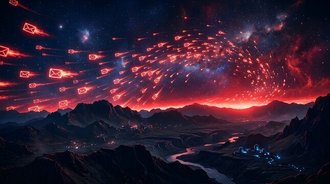 Surreal landscape with glowing red envelopes raining down like meteors over a mountain valley
