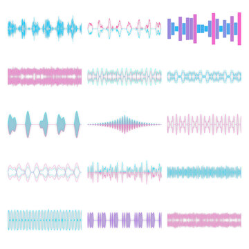 Set of colorful audio waveforms and sound wave patterns on white background