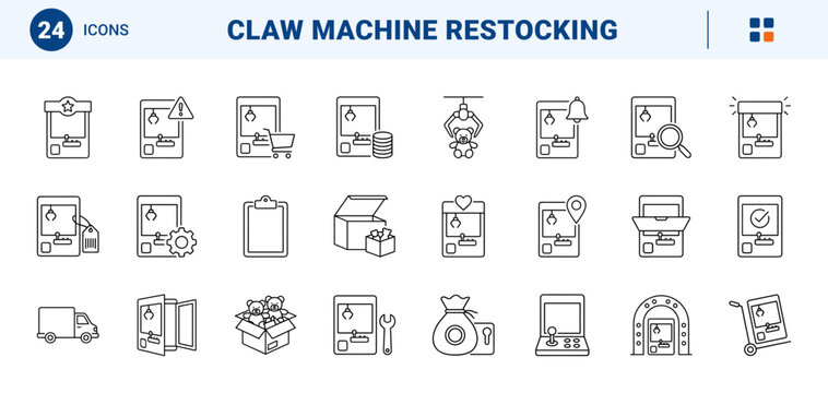 Claw Machine Refill Web Icon Set in Linear Style. Collection of Arcade Maintenance line icons, including claw machine, plush refill, coin chute, service key, toy box, maintenance tools and more.