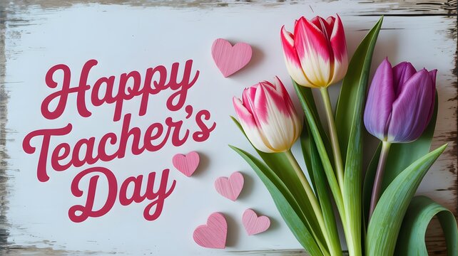 Happy teachers day floral greeting with tulips and heart shaped decorations