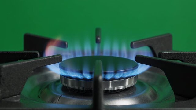 Gas stove burner ignited with blue flames on a green background slow motion cooking concept