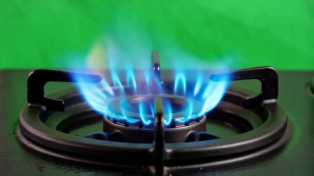 Gas stove burner flames igniting and burning with blue and orange hues against a green screen backdrop