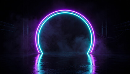 Dark futuristic portal with blue and purple neon ring and smoke in studio. © MD
