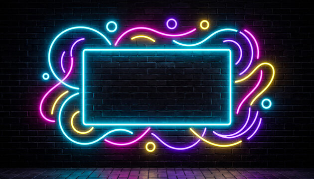 Neon rectangle sign with abstract colorful shapes on dark brick wall.