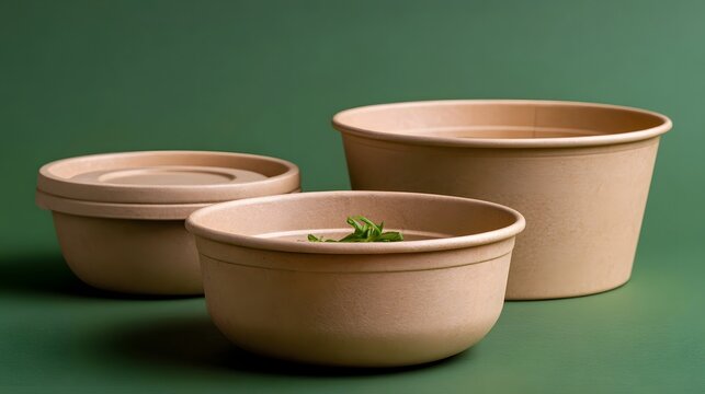 Three brown paper bowls and lids arranged on green background  one bowl contains fresh herbs