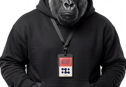 ID Badge Lanyard Mockup on Surreal Gorilla Character Wearing Hoodie