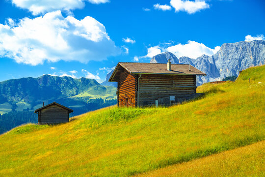 Wooden Alpine hut on green meadow of Seiser Alm view. Alpe di Siusi.