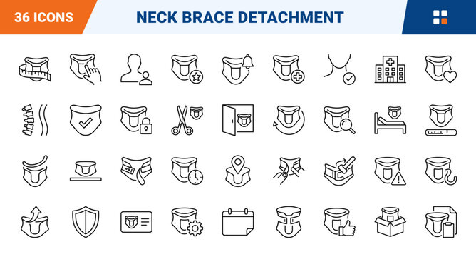 Neck Brace Brace Removal Web Icon Set in Linear Style. Collection of Orthopedic Recovery line icons, including brace opening, strap release, recovery progress, collar detachment and more.