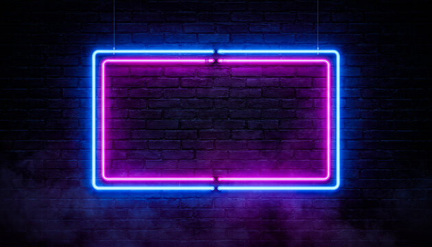 Hanging neon rectangle with blue and purple lights on brick wall.