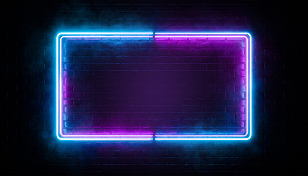 Empty neon frame on brick wall with blue and purple light.