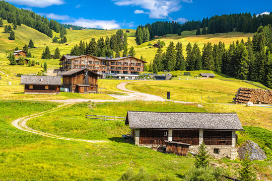 Seiser Alm Saltria valley green landscape view, Alpe di Siusi.