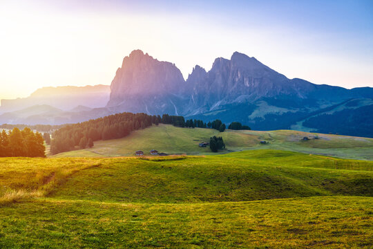 Dawn at Seiser Alm Alpine pasture scenic view.