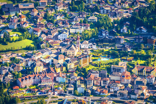 Ortisei or Sankt Ulrich scenic alpine town center aerial view. South Tyrol