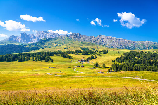 Panoramic view of Seiser Alm pastures and scenic Alpine Peaks. Alpe di Siusi.