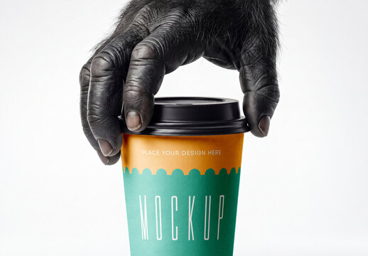 Coffee Cup Mockup Held by Surreal Gorilla Hand Close Up