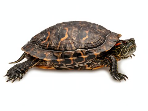 Close-up portrait of a detailed freshwater turtle with patterned shell on white background