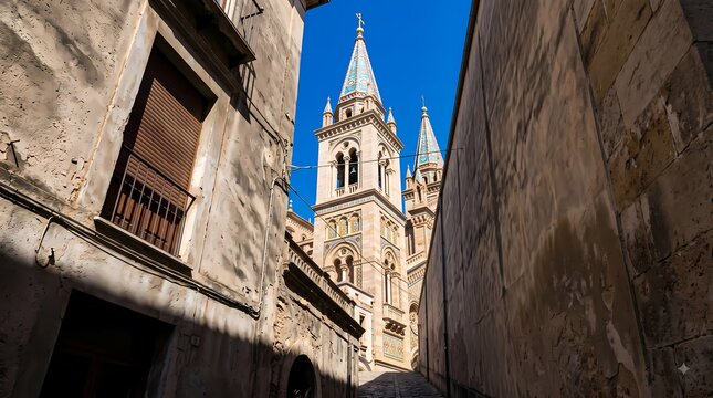 Historic Cathedral Street. Narrow Medieval Alley with Gothic Church Tower. European Old Town Landmark. Architectural Travel Photography