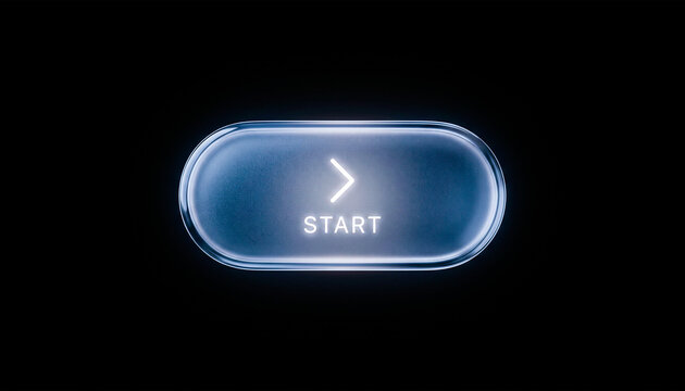 Blue glowing oval button with text start and arrow icon on black background.