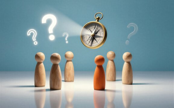 Wooden figures face a glowing compass, seeking direction amid floating question marks.