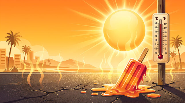 Cartoon illustration of extreme heatwave with melting popsicle, high thermometer, and city skyline under a scorching sun.