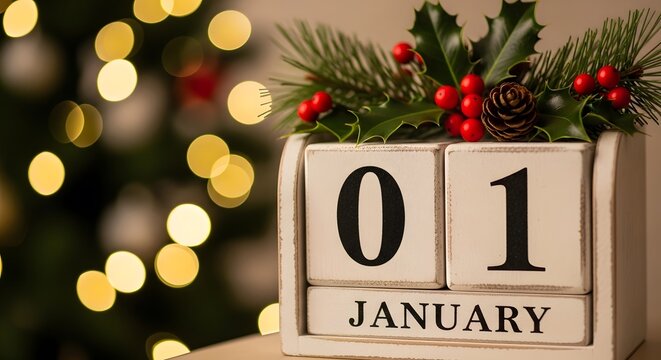 New year celebration with decorative calendar and blurred christmas lights background