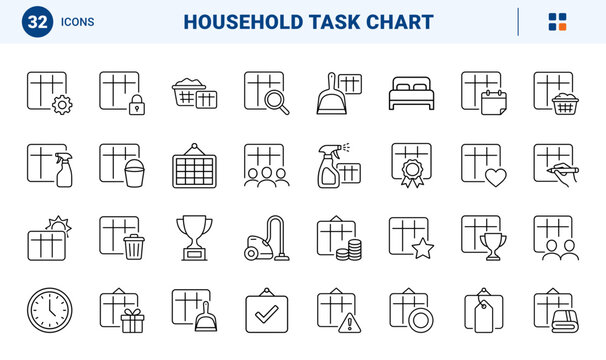 Chore Chart Family Task Sharing Web Icon Set in Linear Style. Collection of Home Duty line icons, including chore board, task list, reward star, cleaning bucket, laundry basket and more.