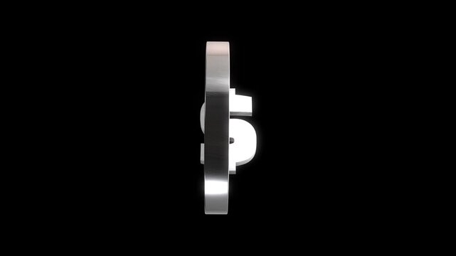 Metallic dollar symbol spinning in circular silver frame on black background for finance concept.