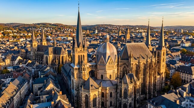 Gothic Cathedral Cityscape. Historic European Church and Urban Skyline. Iconic Architectural Landmark. Aerial Travel Photography