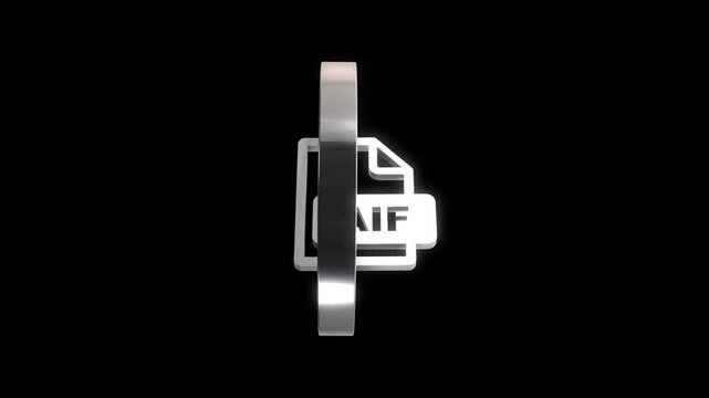 Silver AIF file icon rotating with animation on black background representing digital audio format.