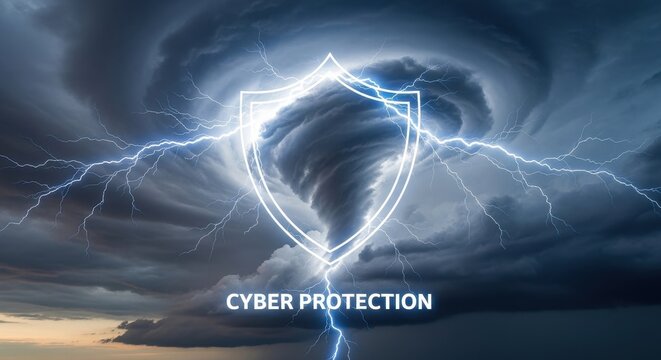 Dramatic and futuristic glowing neon white shield icon with 'CYBER PROTECTION' text overlay, standing strong against a massive swirling tornado vortex and powerful electric lightning bolts in a dark